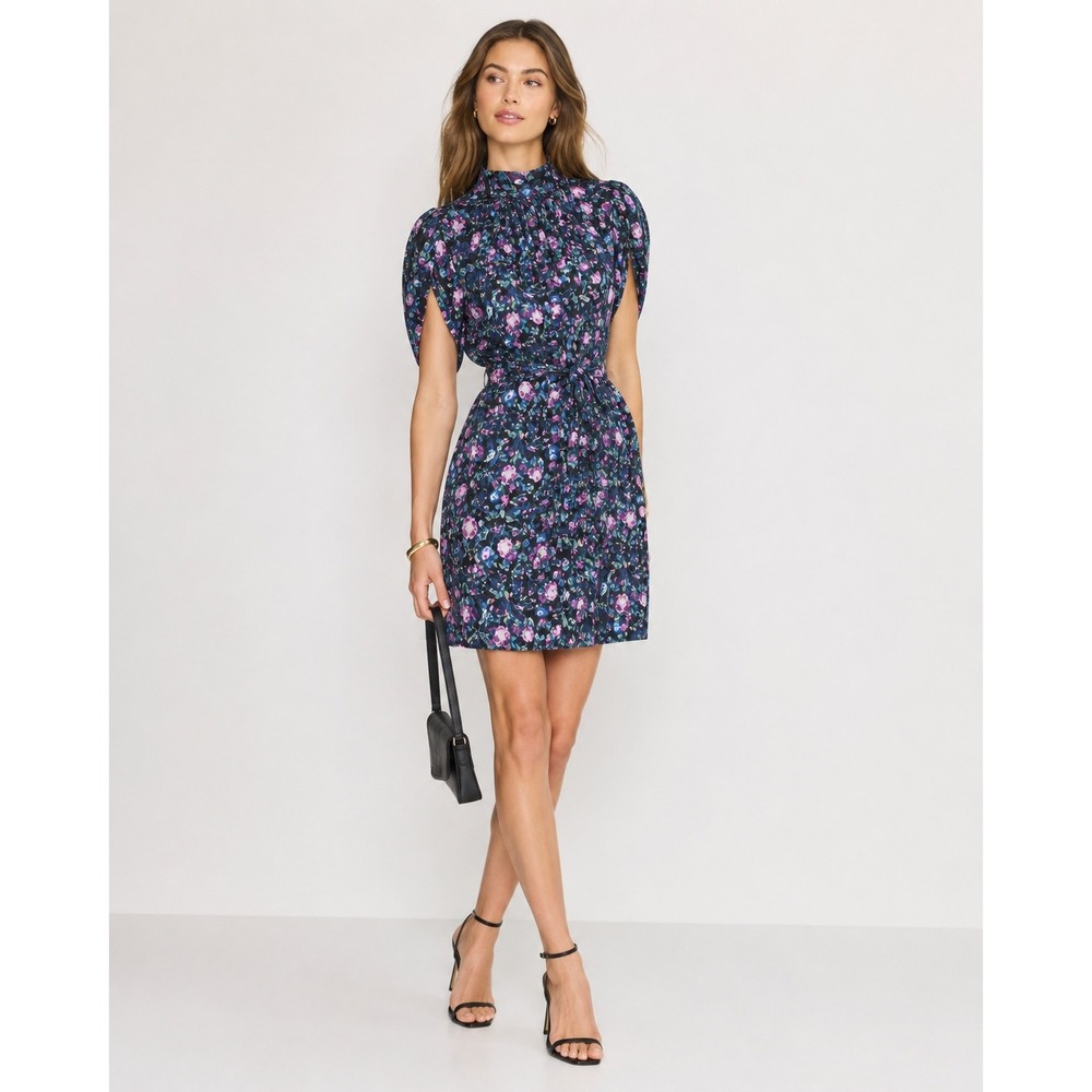 Rebecca Taylor Ruby Floral Petal Sleeve Silk Dress Blue Purple Mock Neck Size 0